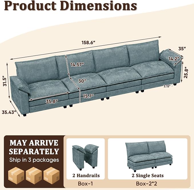 JUMMICO 159" Modular Sectional Chenille Couches Linear Sofa - Image 2
