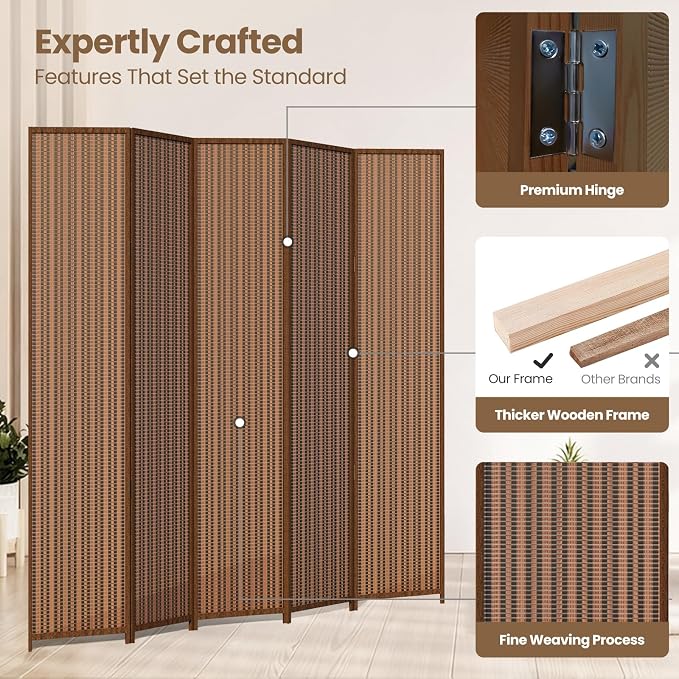5 Panel Room Divider and Extra Wide Folding Privacy Screen, Bamboo Room Divider - Image 4