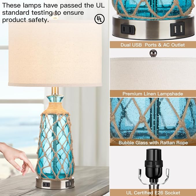 Ruzectt 25.5" Coastal Glass Table Lamps Set of 2, 3-Way Dimmable Touch Control - Image 7