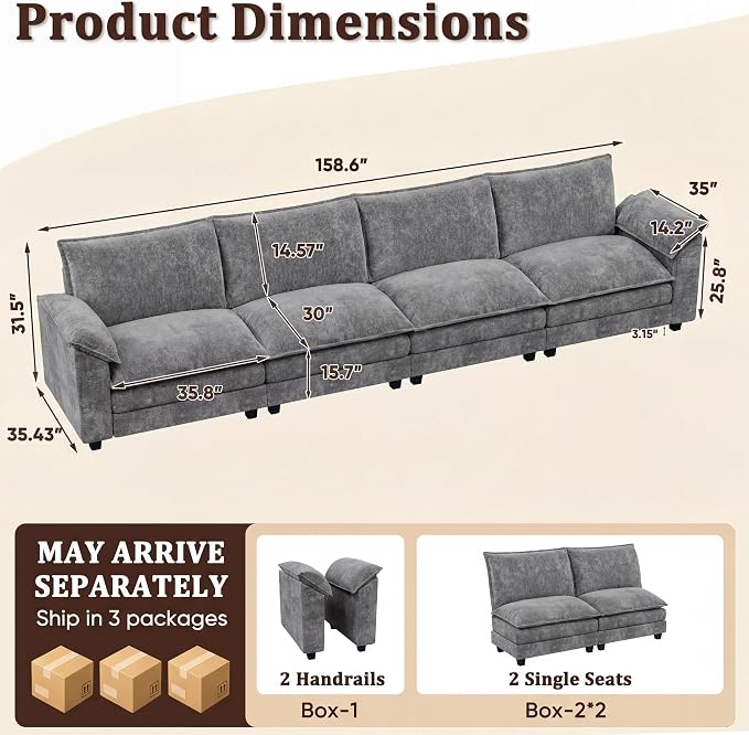 JUMMICO 159" Modular Sectional Chenille Couches Linear Sofa - Image 2