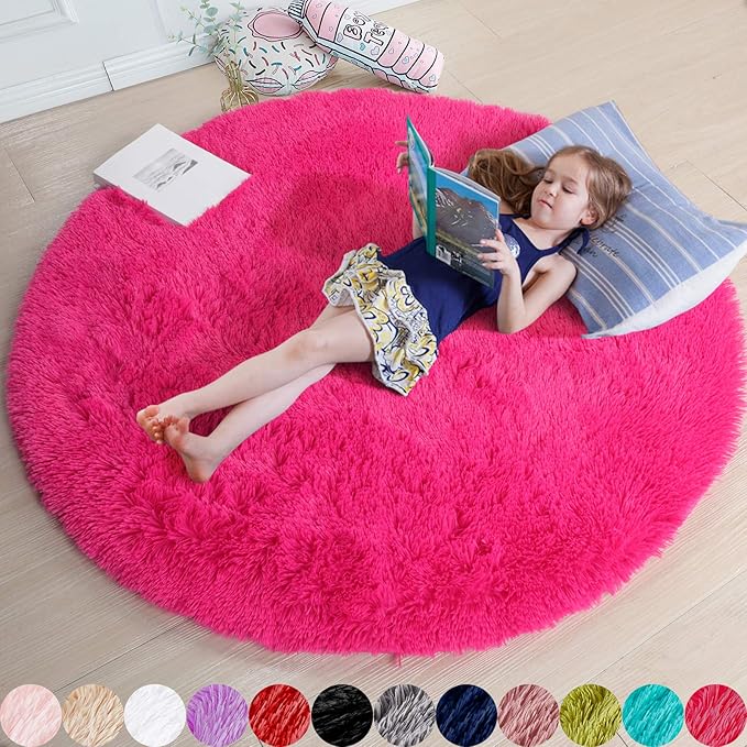 Amdrebio Hot Pink Plush Round Circle Rug 5Ft by Amdrebio