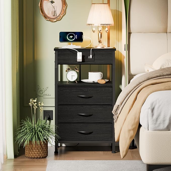 Furnulem Night Stand with Charging Station, 28.3 Inch Tall Side Table with - Image 2