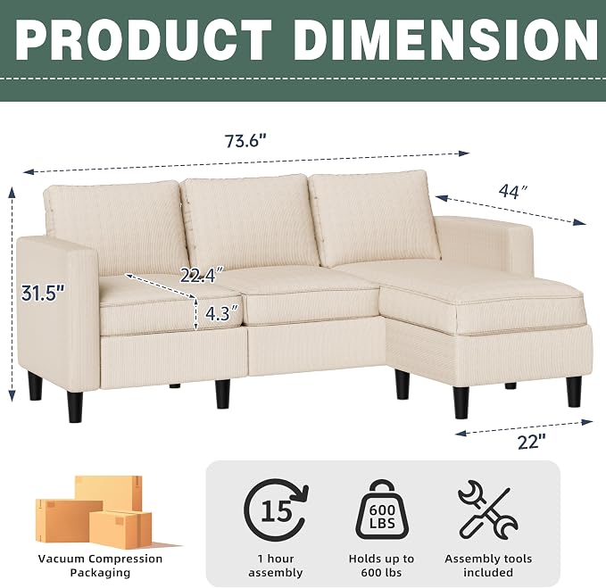 SUNLEI 73.6" Modular Sectional Sofa, Comfy Cloud Couch - Image 2