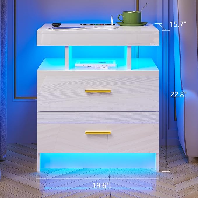 HNEBC Nightstand Set of 2 with Charging Station, Auto LED Night Stand with - Image 9