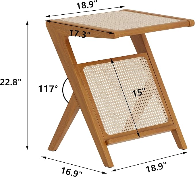 Aklaus Rattan Side Table Boho Small end Table mid Century Living Room Wooden - Image 2