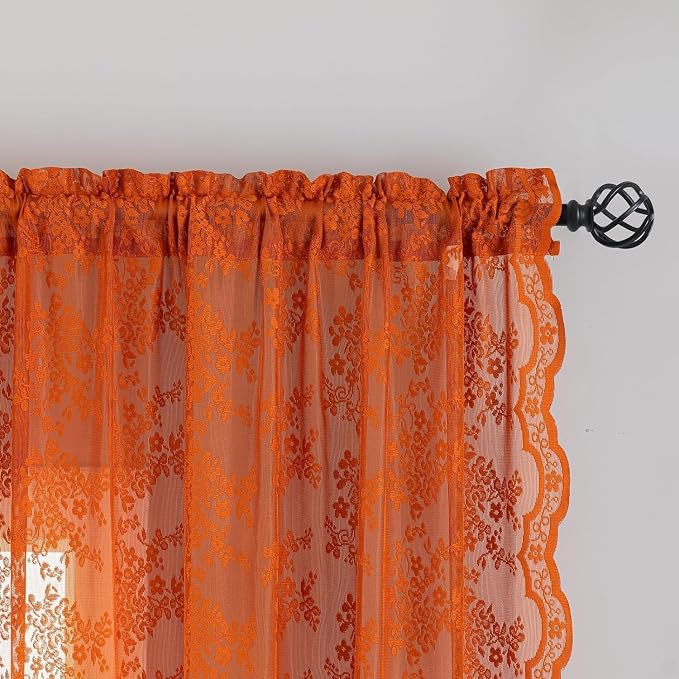 YJ YANJUN Orange Lace Curtains 54 Inch Length, Boho Chic Short Sheer Panels | - Image 2