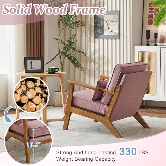 VINGLI Solid Wood Wide Armrests Accent Chair, Upholstered Mid Century Modern - Image 4