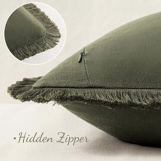 MIULEE Linen Fringe Decorative Euro Throw Pillow Covers Olive Green 24x24 | Set - Image 3