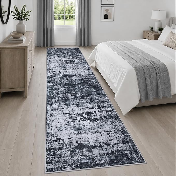 2.6x14 Washable Runner Rug:Modern Abstract Indoor Carpet Black | - Image 3