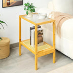 2-Tier Bamboo Side Table, Modern Glasstop Rattan Side Table, Mid Century Wood by MordchilHF