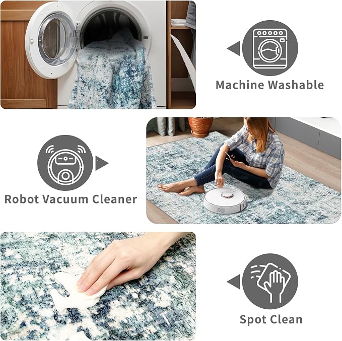 Machine Washable Runner Rugs 2x8 Modern Abstract Rug Ocean Mist | Stain & Spill - Image 4