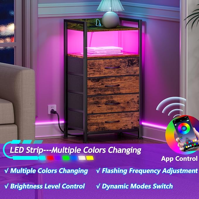 Furnulem Night Stand with Charging Station and Led Light, 4 Drawer Dresser - Image 5