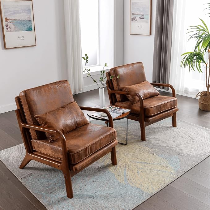 Mid Century Modern Brown Accent Chair Living Room- Comfy Solid Wood Arm Chair - Image 9