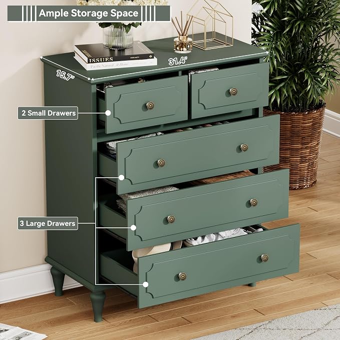Green Dresser for Bedroom with 5 Drawers, Vintage Tall Dresser with Smooth - Image 3