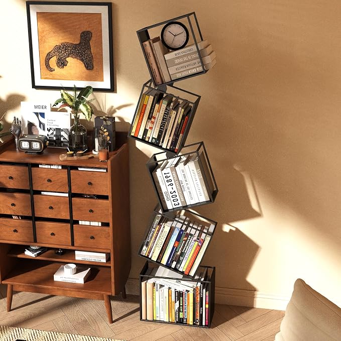 5-Tier Metal Geometric Bookshelf – Modern Narrow Floor Bookcase, Space-Saving - Image 7