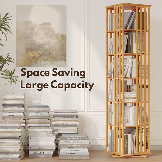 YOWOS Rotating Bookshelf Tower, 360° Display Spinning Bookcase, Bamboo - Image 3