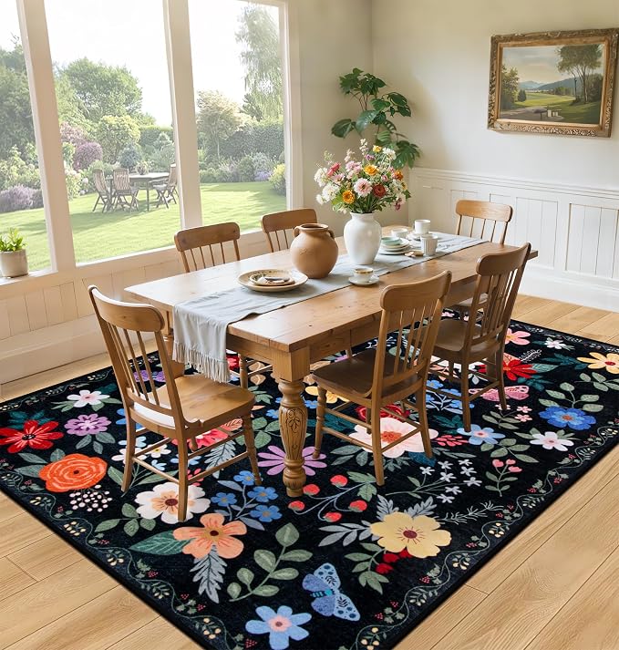PLHXFR Area Rug Living Room: 5x7 Floral Washable Boho Soft Carpet Black | - Image 4