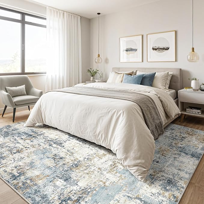 LOONGRUG 5x8 Area Rug Washable Neutral Modern Living Room Rugs Blue | Abstract - Image 4