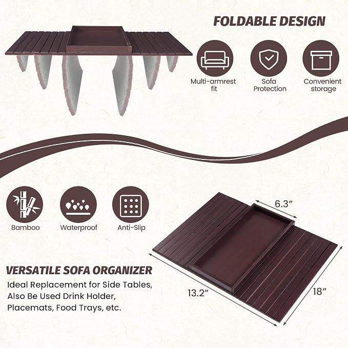 GEHE Bamboo Sofa Arm Tray, Foldable Couch Arm Tray Side Table, Anti-Falling - Image 3