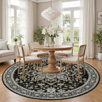 Round Area Rug for Living Room: 6ft Boho Washable Rug Black Gold | Vintage Boho - Image 3