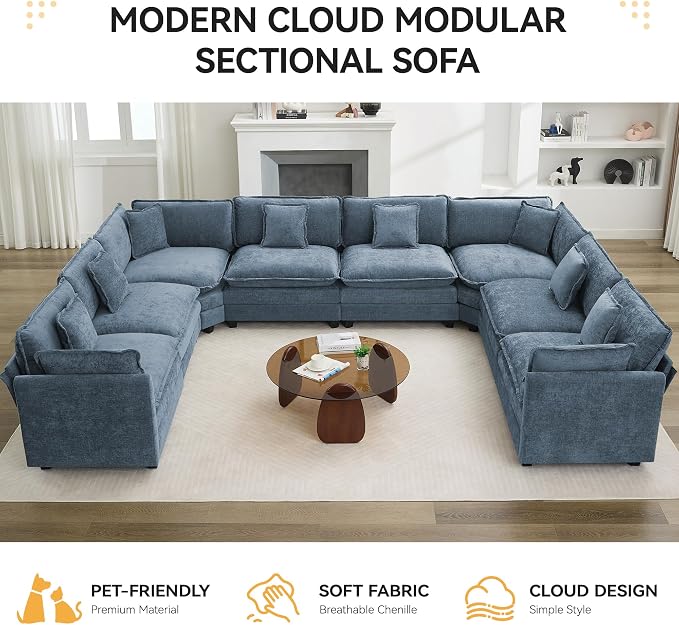 147'' Oversized U Shaped Cloud Sectional Sofa, Chenille Deep Seat Couches - Image 7