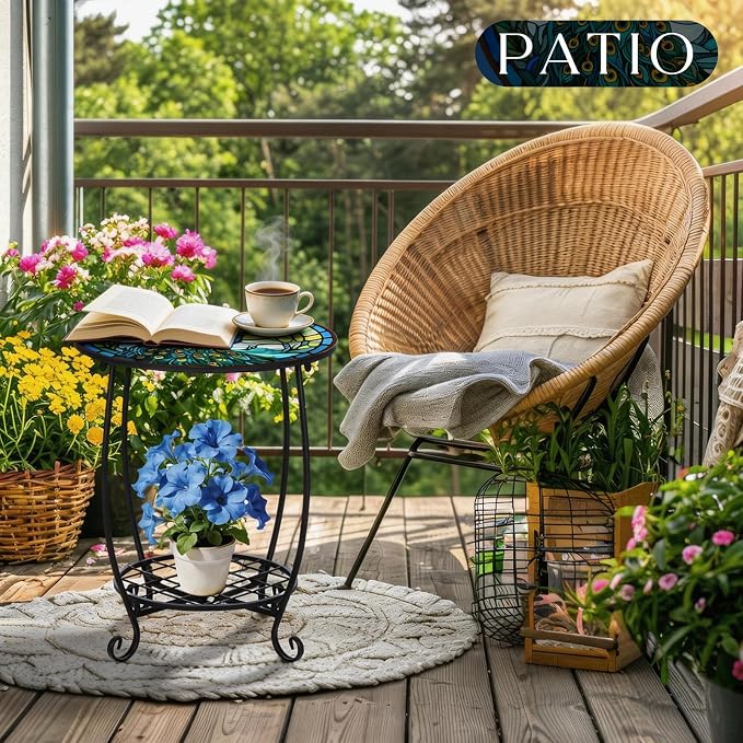 Cinnvoice Outdoor Side Table Round Small Mosaic Patio Accent Indoor End Plant - Image 2