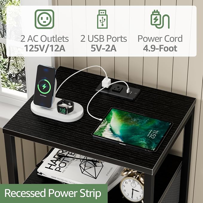 BOLUO Black Nightstand with Charging Station, LED Night Stand with 2 Fabric - Image 6