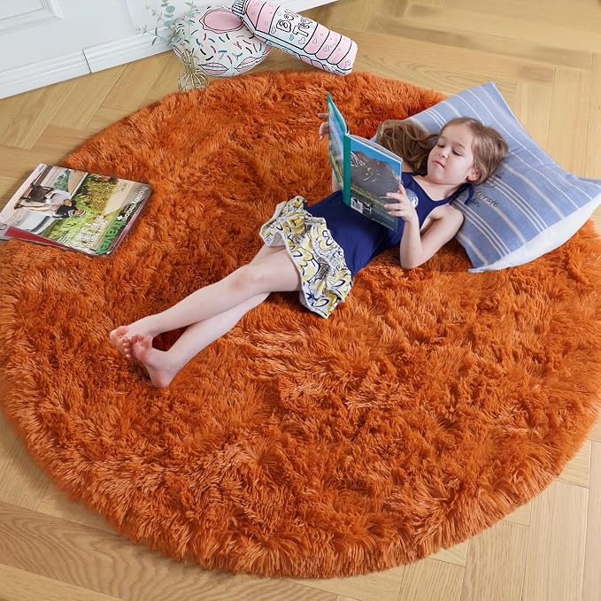 Amdrebio Burnt Orange Shag Plush Big Round Rug 6Ft by Amdrebio