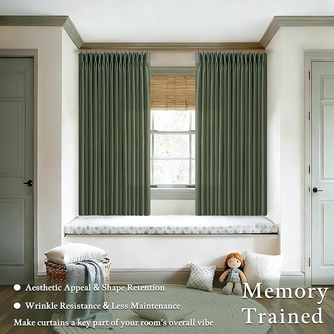 Green 63 Inch Pinch Pleat Linen Light Filtering Farmhouse Curtains 2 Panels | - Image 2