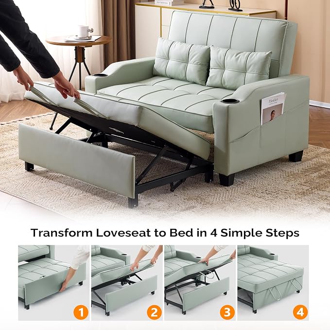 VINGLI Green Futon Sofa Bed Convertible Loveseat Sleeper Couch, Faux Leather - Image 6