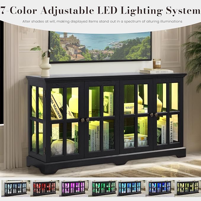 59" W LED Curio Cabinet with 7 Color Lights, Vintage Glass Display Case with - Image 3