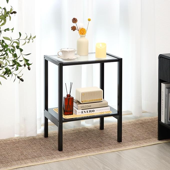 2-Tier Bamboo Side Table, Modern Glasstop Rattan Side Table, Mid Century Wood - Image 6