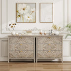 Carved 3 Drawer Cabinet with Floral Pattern & Gold Handles, 31.5" W Distressed by LFGUIZO
