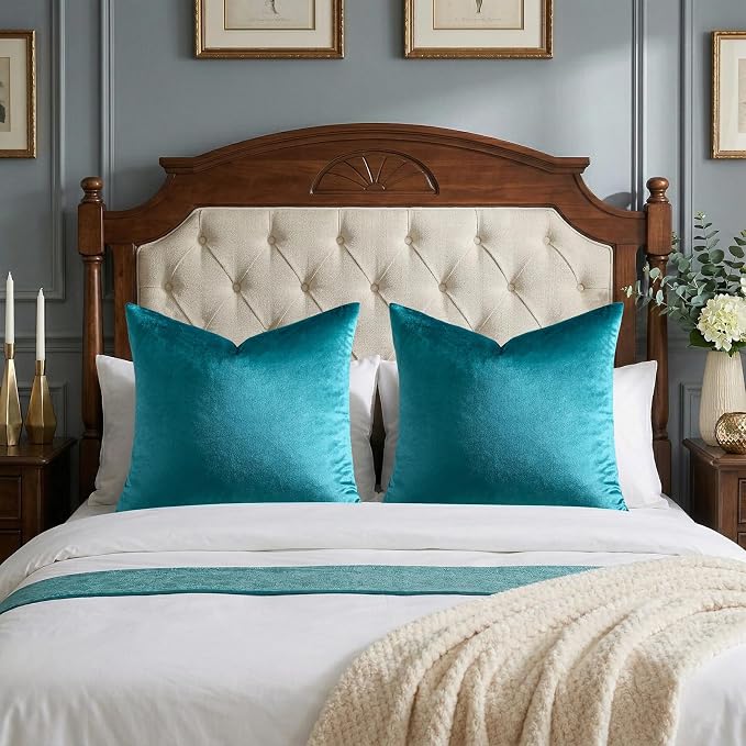 GIGIZAZA Teal Velvet Pillow Covers 26x26 Decorative Pillows Pack of 2 | Blue - Image 6