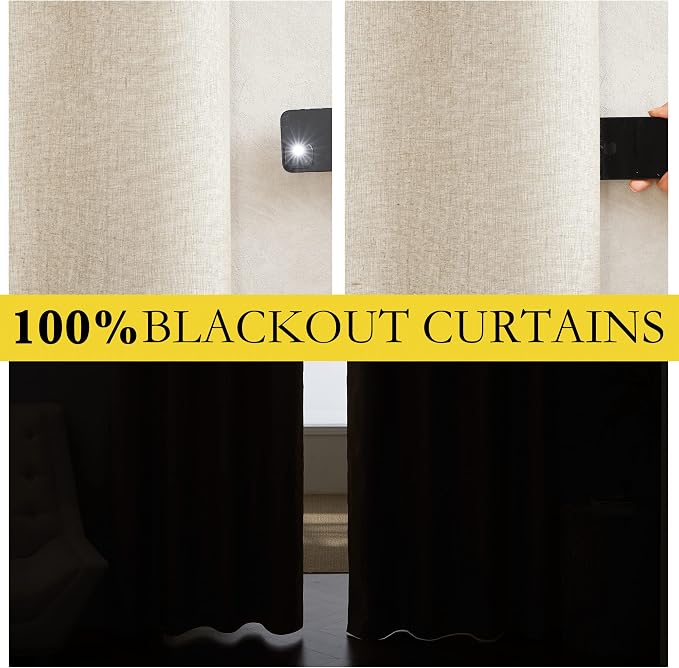 NICETOWN 100% Blackout Linen Texture Curtains 90 inches Long, 2 Panels - Image 2