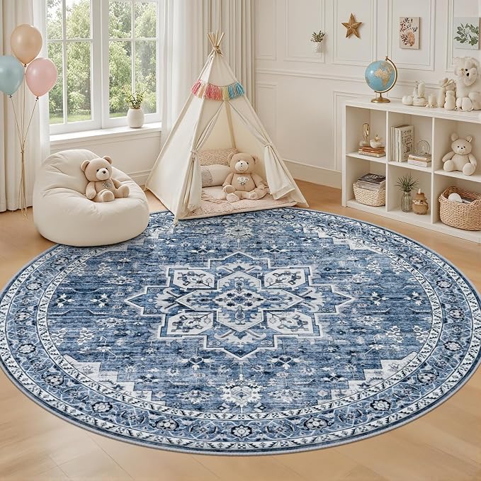 Round Area Rug for Living Room: 8ft Washable Rug for Bedroom Blue | Vintage - Image 5