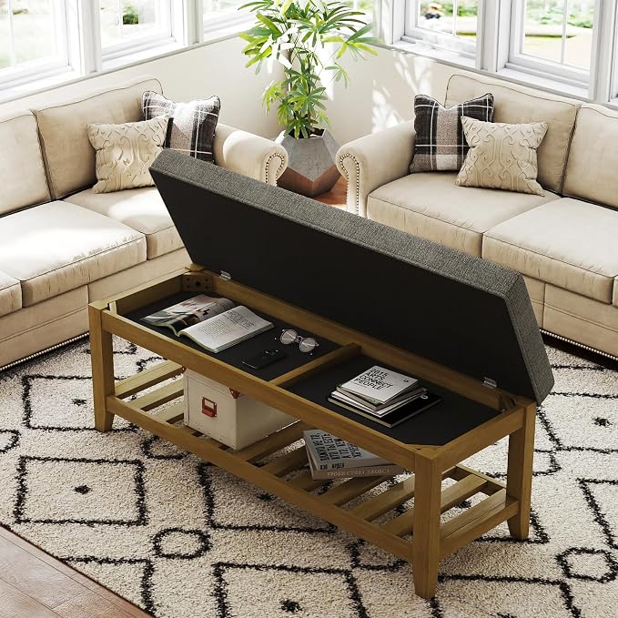 Befurtori Large Rectangular Upholstered Ottoman Bench, Linen Tufted Footrest by Befurtori