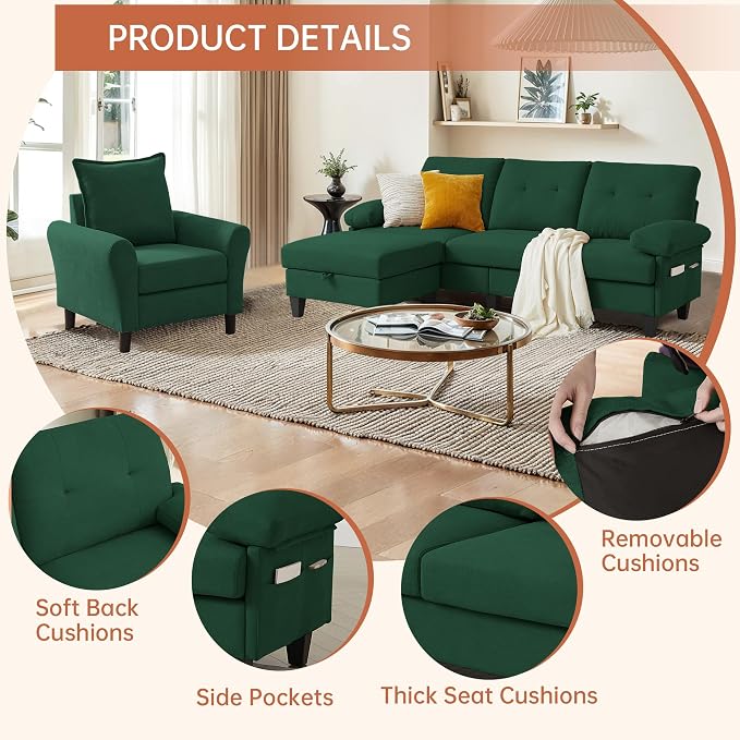 2PCS Sectional Sofa Set with Ottoman, Modern Linen 4 Seater Couch Set with Side - Image 3