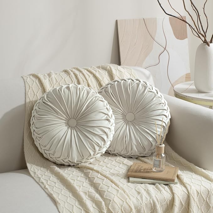 HIG Set of 2 Beige Velvet Decorative Round Pleated Throw Pillows | Vintage - Image 2