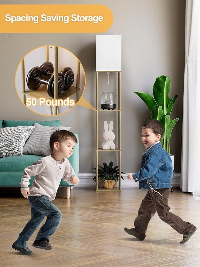 Floor Lamp with Shelves for Living Room Natural Wood, Shelf Floor Lamp with 3 - Image 5