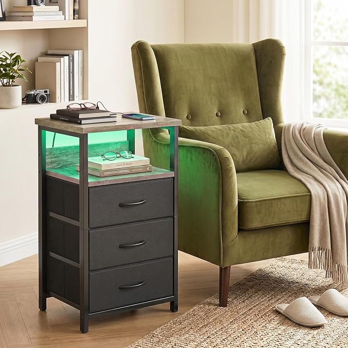 Fixwal Night Stand with Charging Station, LED Nightstand with Fabric Drawers - Image 7