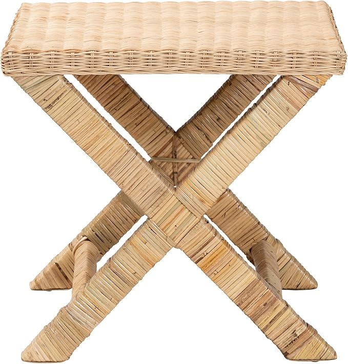 Bali & pari Farica Modern Bohemian Natural Rattan and Mahogany Accent Bench - Image 4