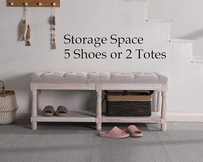 Farmhouse Storage Bench Wooden Entryway Upholstered Tufted Ottoman Bench - Image 3