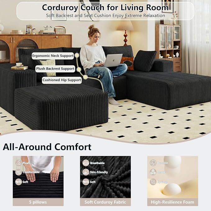 95" Cloud Sectional Couch U-Shaped Chaise - Image 4