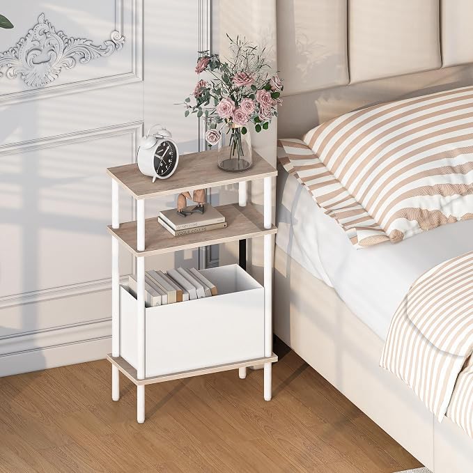 Narrow Side Table with Fabric Basket, Slim Nightstand with 3-Tier Storage Shelf - Image 2