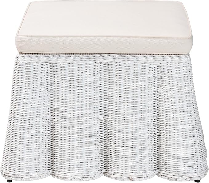 Bali & pari Palm Bohemian White Scallop Rattan Ottoman - Image 4