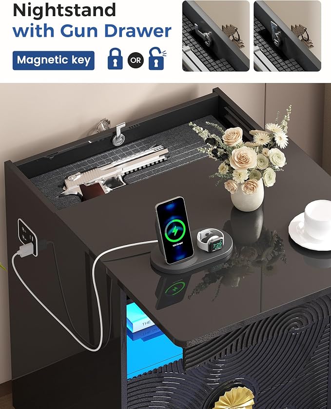 Nightstands Set of 2 with Gun Drawer, Bedside Table with 3-Color LED Lights & - Image 5