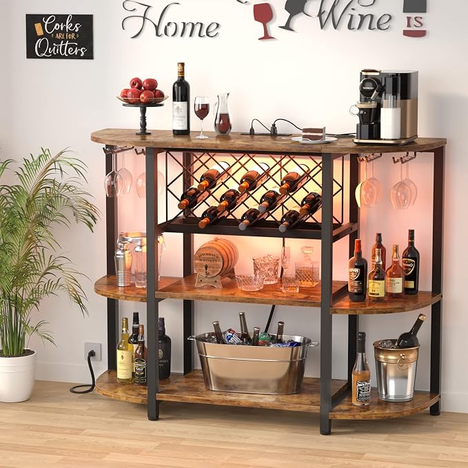 Unikito Wine Rack Table with Socket and LED Light, Floor Bar Cabinet - Image 2