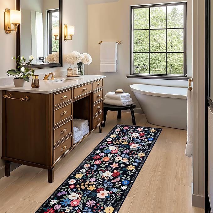 PLHXFR 2x5 Washable Runner Rug：Floral Indoor Kitchen Soft Carpet Black | - Image 6