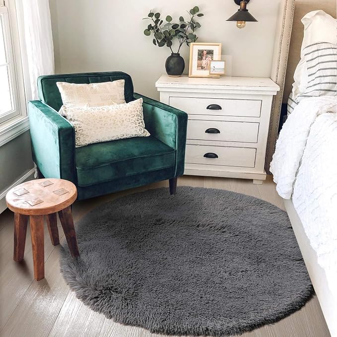 Amdrebio Grey Fuzzy Round Circle Rug 4Ft - Image 3